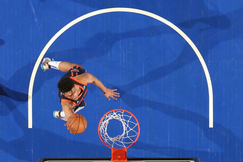 NEW YORK, NY - JANUARY 30: Quentin Grimes #6 of the New York Knicks drives to the basket during the game against the Utah Jazz on January 30, 2024 at Madison Square Garden in New York City, New York.  NOTE TO USER: User expressly acknowledges and agrees that, by downloading and or using this photograph, User is consenting to the terms and conditions of the Getty Images License Agreement. Mandatory Copyright Notice: Copyright 2024 NBAE  (Photo by Nathaniel S. Butler/NBAE via Getty Images)