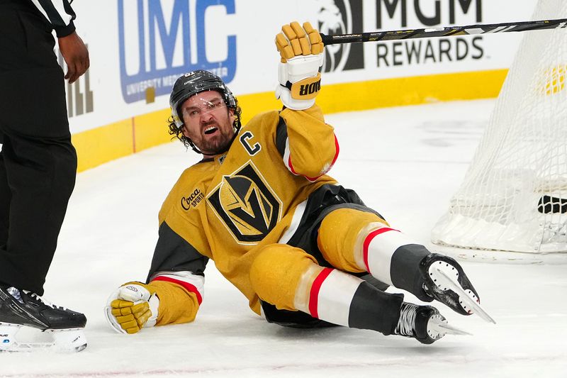 Nov 28, 2025; Las Vegas, Nevada, USA; Vegas Golden Knights right wing Mark Stone (61) celebrates after scoring a goal against the Montreal Canadiens during the third period at T-Mobile Arena. Mandatory Credit: Stephen R. Sylvanie-Imagn Images