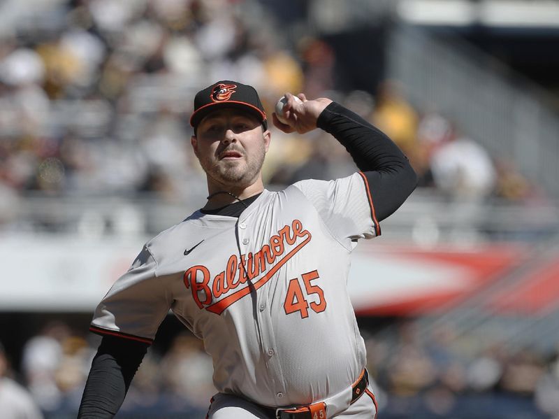 Apr 7, 2024; Pittsburgh, Pennsylvania, USA; Baltimore Orioles relief pitcher Keegan Akin (45) pitches against the Pittsburgh Pirates during the seventh inning at PNC Park. Mandatory Credit: Charles LeClaire-USA TODAY Sports