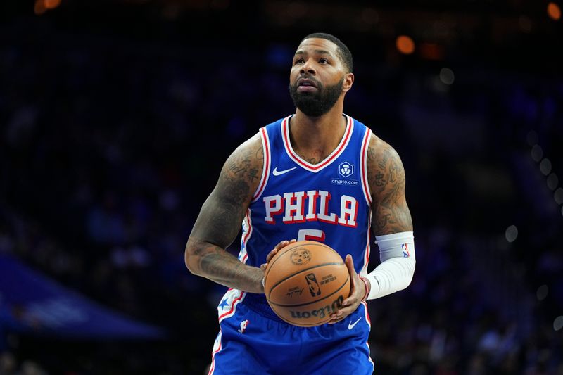 PHILADELPHIA, PENNSYLVANIA - JANUARY 2: Marcus Morris Sr. #5 of the Philadelphia 76ers shoots a foul shot against the Chicago Bulls at the Wells Fargo Center on January 2, 2024 in Philadelphia, Pennsylvania. The 76ers defeated the Bulls 110-97. NOTE TO USER: User expressly acknowledges and agrees that, by downloading and or using this photograph, User is consenting to the terms and conditions of the Getty Images License Agreement. (Photo by Mitchell Leff/Getty Images)