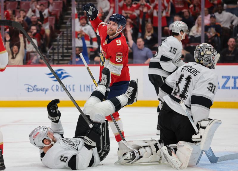 Dec 17, 2025; Sunrise, Florida, USA; Florida Panthers center Sam Bennett (9) celebrates after a goal by center Carter Verhaeghe (not pictured) against the Los Angeles Kings during the second period at Amerant Bank Arena. Mandatory Credit: Sam Navarro-Imagn Images