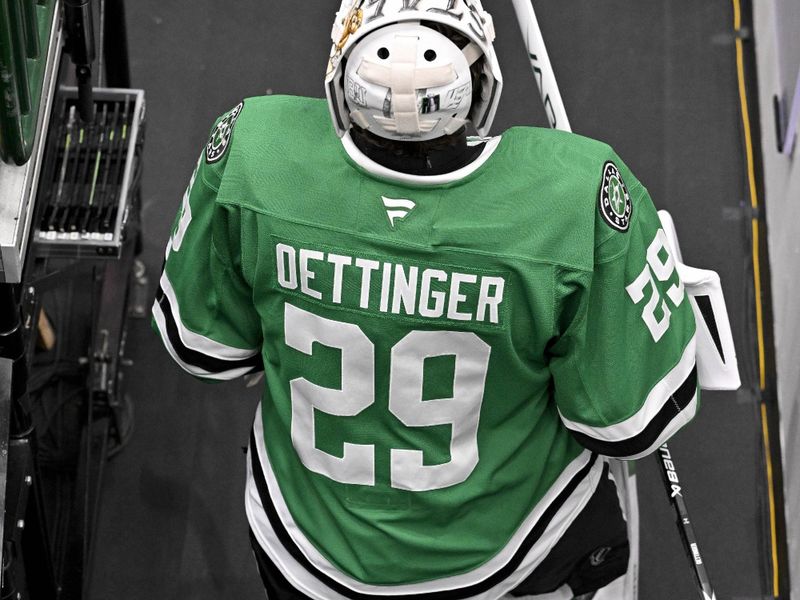 May 13, 2025; Dallas, Texas, USA; Dallas Stars goaltender Jake Oettinger (29) skates in warmups prior to the start of the game against the Winnipeg Jets in game four of the second round of the 2025 Stanley Cup Playoffs at American Airlines Center. Mandatory Credit: Jerome Miron-Imagn Images