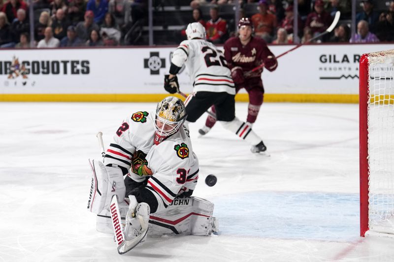 Mar 18, 2023; Tempe, Arizona, USA; Chicago Blackhawks goaltender Alex Stalock (32) makes a save against the Arizona Coyotes during the second period at Mullett Arena. Mandatory Credit: Joe Camporeale-USA TODAY Sports