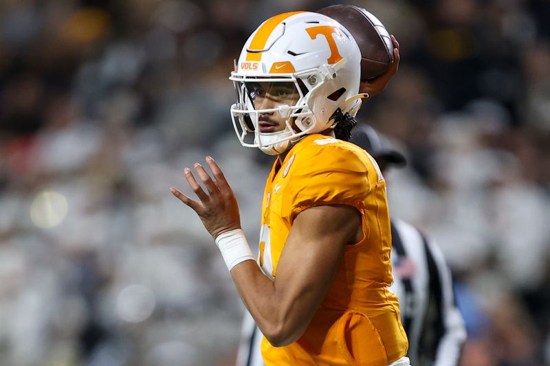 Nov 25, 2023; Knoxville, Tennessee, USA; Tennessee Volunteers quarterback Nico Iamaleava (8) passes the ball against the Vanderbilt Commodores during the second half at Neyland Stadium. Mandatory Credit: Randy Sartin-USA TODAY Sports