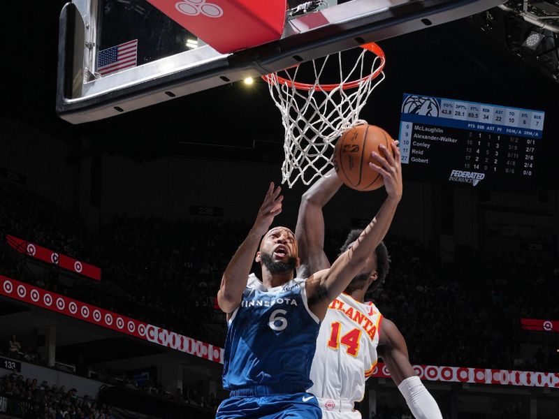 MINNEAPOLIS, MN -  APRIL 12: Jordan McLaughlin #6 of the Minnesota Timberwolves drives to the basket during the game against the Atlanta Hawks on April 12, 2024 at Target Center in Minneapolis, Minnesota. NOTE TO USER: User expressly acknowledges and agrees that, by downloading and or using this Photograph, user is consenting to the terms and conditions of the Getty Images License Agreement. Mandatory Copyright Notice: Copyright 2024 NBAE (Photo by Jordan Johnson/NBAE via Getty Images)