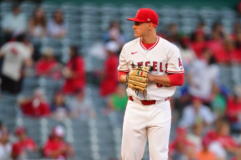 Aug 30, 2024; Anaheim, California, USA; Los Angeles Angels pitcher Samuel Aldegheri (66) throws against the Seattle Mariners during the first inning in his major league debut at Angel Stadium. Mandatory Credit: Gary A. Vasquez-USA TODAY Sports