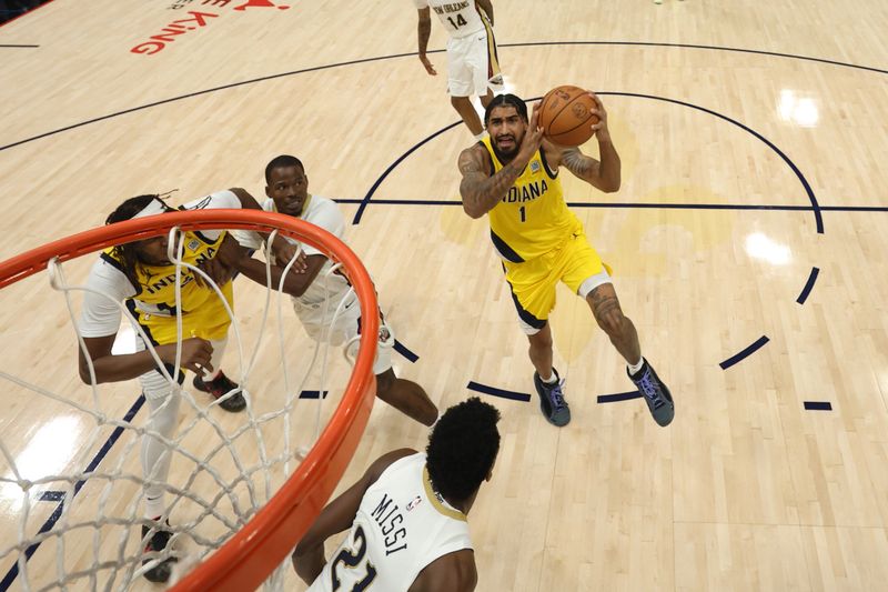 CHICAGO, IL - NOVEMBER 1: Obi Toppin #1 of the Indiana Pacers drives to the basket during the game against the New Orleans Pelicans on November 1, 2024 at Smoothie King Center in New Orleans, Louisiana. NOTE TO USER: User expressly acknowledges and agrees that, by downloading and or using this photograph, User is consenting to the terms and conditions of the Getty Images License Agreement. Mandatory Copyright Notice: Copyright 2024 NBAE (Photo by Jeff Haynes/NBAE via Getty Images)