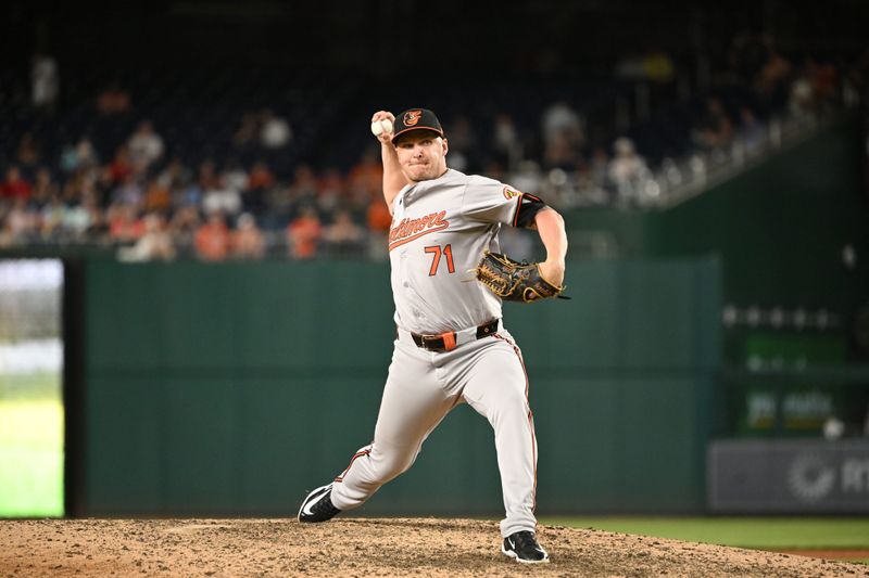 May 8, 2024; Washington, District of Columbia, USA; Baltimore Orioles pitcher Jacob Webb (71) throws a pitch against the Washington Nationals during the twelfth inning at Nationals Park. Mandatory Credit: Rafael Suanes-USA TODAY Sports