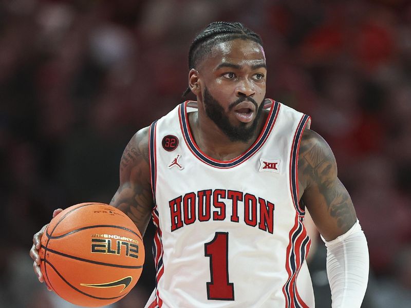 Feb 19, 2024; Houston, Texas, USA; Houston Cougars guard Jamal Shead (1) brings the ball up the court during the second half against the Iowa State Cyclones at Fertitta Center. Mandatory Credit: Troy Taormina-USA TODAY Sports