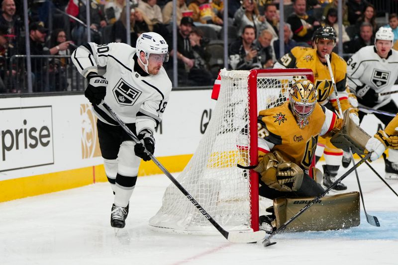 Dec 28, 2023; Las Vegas, Nevada, USA; Los Angeles Kings center Pierre-Luc Dubois (80) attempts to score a goal against Vegas Golden Knights goaltender Logan Thompson (36) during the third period at T-Mobile Arena. Mandatory Credit: Lucas Peltier-USA TODAY Sports