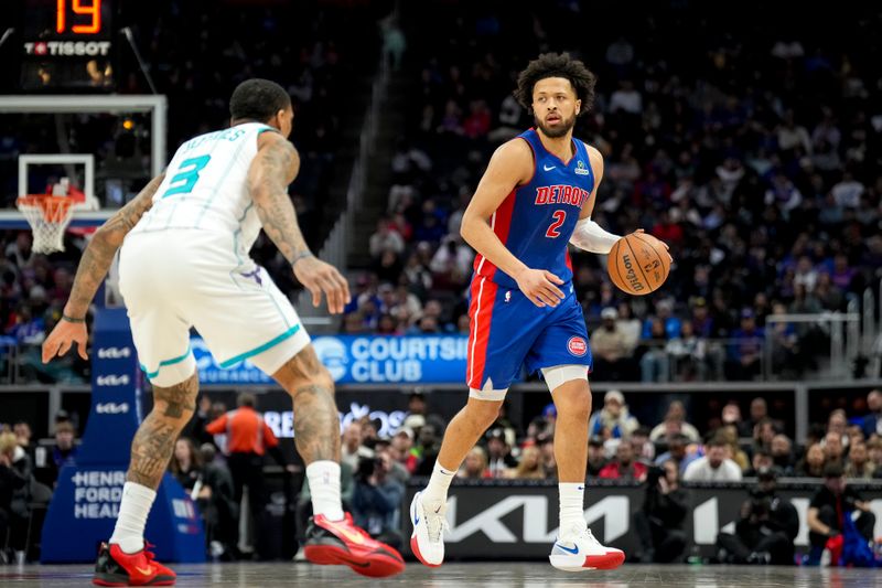 DETROIT, MICHIGAN - FEBRUARY 09: Cade Cunningham #2 of the Detroit Pistons dribbles the ball against DaQuan Jeffries #3 of the Charlotte Hornets at Little Caesars Arena on February 09, 2025 in Detroit, Michigan. NOTE TO USER: User expressly acknowledges and agrees that, by downloading and or using this photograph, User is consenting to the terms and conditions of the Getty Images License Agreement. (Photo by Nic Antaya/Getty Images)