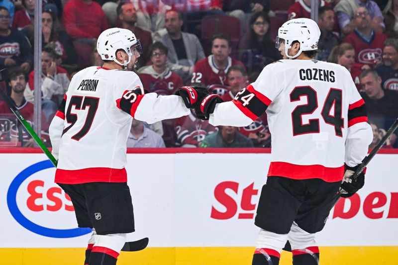 Oct 4, 2025; Montreal, Quebec, CAN; Ottawa Senators left wing David Perron (57) celebrates his goal against the Montreal Canadiens with Ottawa Senators center Dylan Cozens (24) during the second period at Bell Centre. Mandatory Credit: David Kirouac-Imagn Images