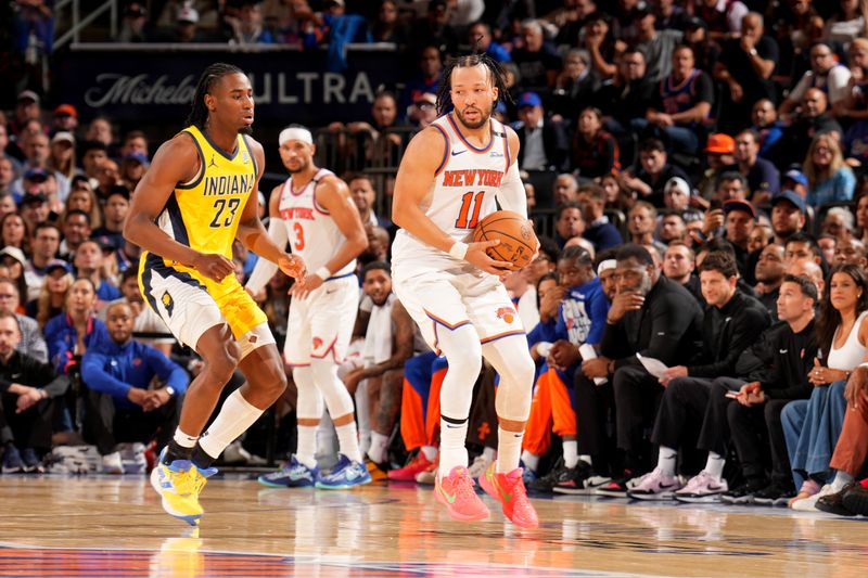 NEW YORK, NY - MAY 29:  Jalen Brunson #11 of the New York Knicks dribbles the ball during the game against the Indiana Pacers during Game 5 of the 2025 Eastern Conference Finals  on May 29, 2025 at Madison Square Garden in New York City, New York.  NOTE TO USER: User expressly acknowledges and agrees that, by downloading and or using this photograph, User is consenting to the terms and conditions of the Getty Images License Agreement. Mandatory Copyright Notice: Copyright 2025 NBAE  (Photo by Jesse D. GarrabrantNBAE via Getty Images)