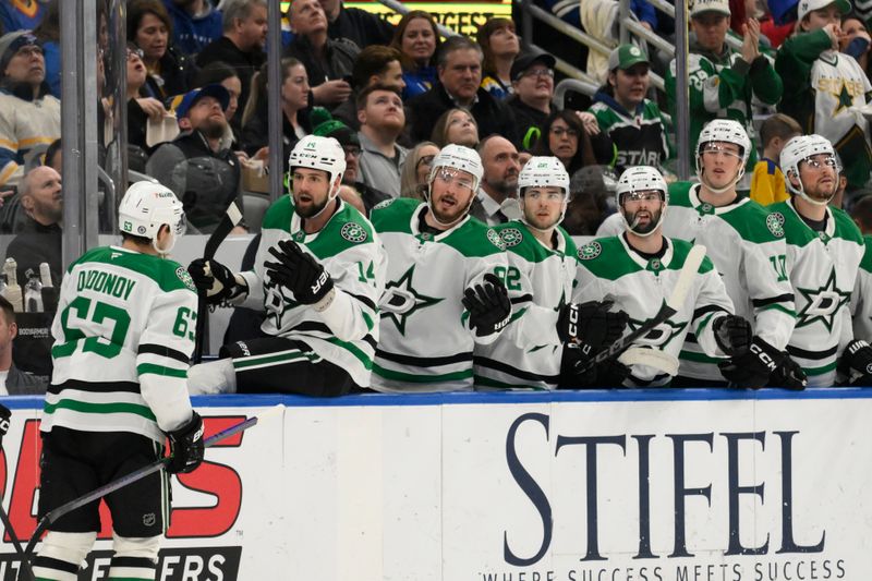 Jan 25, 2025; St. Louis, Missouri, USA; Dallas Stars right wing Evgenii Dadonov (63) celebrates with teammates after scoring a goal against the St. Louis Blues during the first period at Enterprise Center. Mandatory Credit: Jeff Le-Imagn Images