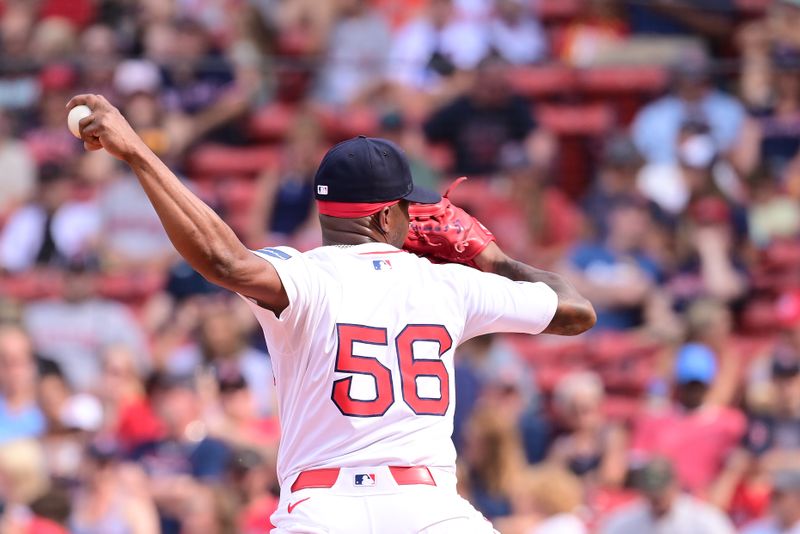 Aug 25, 2024; Boston, Massachusetts, USA; Boston Red Sox pitcher Joely Rodriguez (56) pitches against the Arizona Diamondbacks during the eighth inning at Fenway Park. Mandatory Credit: Eric Canha-USA TODAY Sports