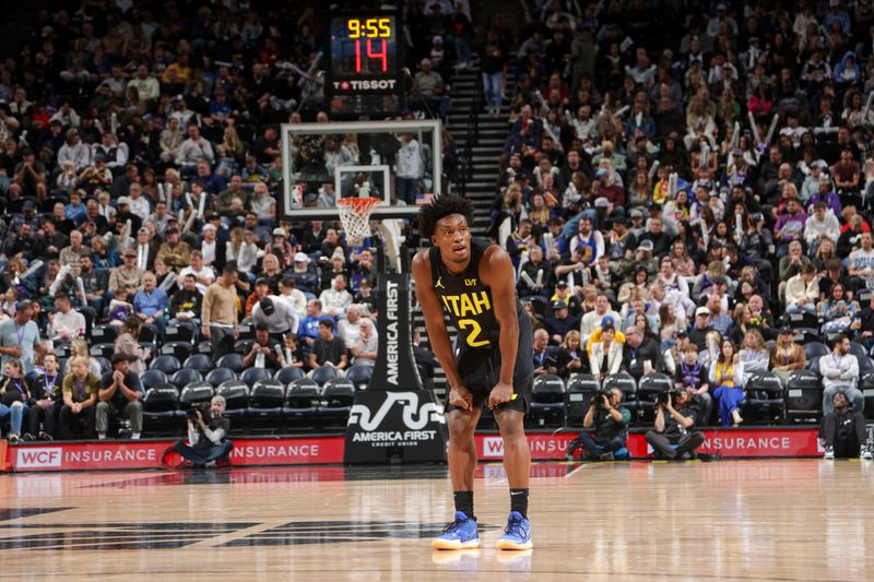 SALT LAKE CITY, UT - OCTOBER 25: Collin Sexton #2 of the Utah Jazz looks on during the game on October 25, 2024 at Delta Center in Salt Lake City, Utah. NOTE TO USER: User expressly acknowledges and agrees that, by downloading and or using this Photograph, User is consenting to the terms and conditions of the Getty Images License Agreement. Mandatory Copyright Notice: Copyright 2024 NBAE (Photo by Melissa Majchrzak/NBAE via Getty Images)