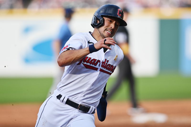 Sep 3, 2023; Cleveland, Ohio, USA; Cleveland Guardians left fielder Steven Kwan (38) rounds third base en route to scoring during the fifth inning against the Tampa Bay Rays at Progressive Field. Mandatory Credit: Ken Blaze-USA TODAY Sports