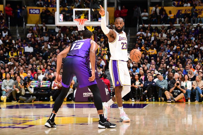 LOS ANGELES, CA - OCTOBER 26: LeBron James #23 of the Los Angeles Lakers dribbles the ball during the game against the Sacramento Kings California. NOTE TO USER: User expressly acknowledges and agrees that, by downloading and/or using this Photograph, user is consenting to the terms and conditions of the Getty Images License Agreement. Mandatory Copyright Notice: Copyright 2024 NBAE (Photo by Adam Pantozzi/NBAE via Getty Images)