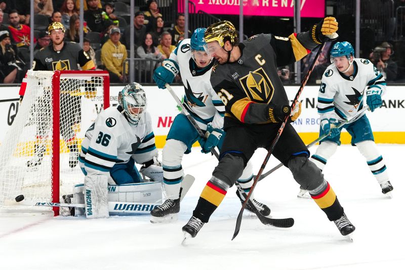 Dec 10, 2023; Las Vegas, Nevada, USA; Vegas Golden Knights right wing Mark Stone (61) deflects the puck wide of San Jose Sharks goaltender Kaapo Kahkonen (36) during the second period at T-Mobile Arena. Mandatory Credit: Stephen R. Sylvanie-USA TODAY Sports