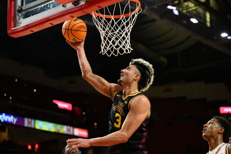 Jan 13, 2025; College Park, Maryland, USA; Minnesota Golden Gophers forward Dawson Garcia (3) shoots a lay up during the first half against the Maryland Terrapins at Xfinity Center. Mandatory Credit: Reggie Hildred-Imagn Images