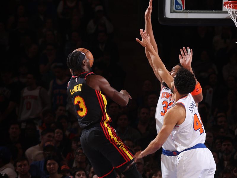 NEW YORK, NY - FEBRUARY 12: Caris LeVert #3 of the Atlanta Hawks drives to the basket during the game against the New York Knicks on February 12, 2025 at Madison Square Garden in New York City, New York.  NOTE TO USER: User expressly acknowledges and agrees that, by downloading and or using this photograph, User is consenting to the terms and conditions of the Getty Images License Agreement. Mandatory Copyright Notice: Copyright 2025 NBAE(Photo by Nathaniel S. Butler/NBAE via Getty Images)