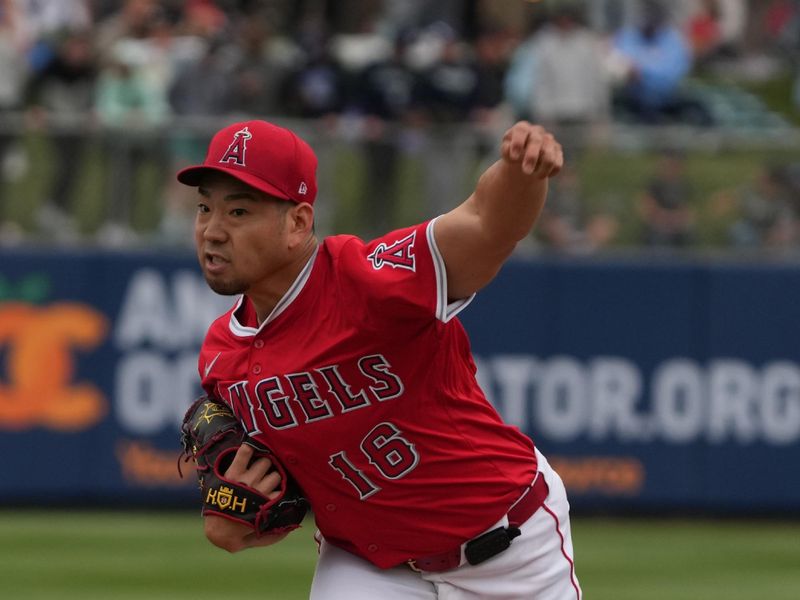 Mar 14, 2025; Tempe, Arizona, USA; Los Angeles Angels pitcher Yusei Kikuchi (16) throws against the Kansas City Royals in the first inning at Tempe Diablo Stadium. Mandatory Credit: Rick Scuteri-Imagn Images