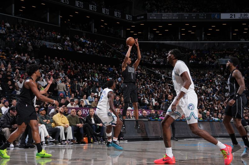 BROOKLYN, NY - JANUARY 25: Mikal Bridges #1 of the Brooklyn Nets shoots a three point basket against the Minnesota Timberwolves on January 25, 2024 at Barclays Center in Brooklyn, New York. NOTE TO USER: User expressly acknowledges and agrees that, by downloading and or using this Photograph, user is consenting to the terms and conditions of the Getty Images License Agreement. Mandatory Copyright Notice: Copyright 2024 NBAE (Photo by Jesse D. Garrabrant/NBAE via Getty Images)