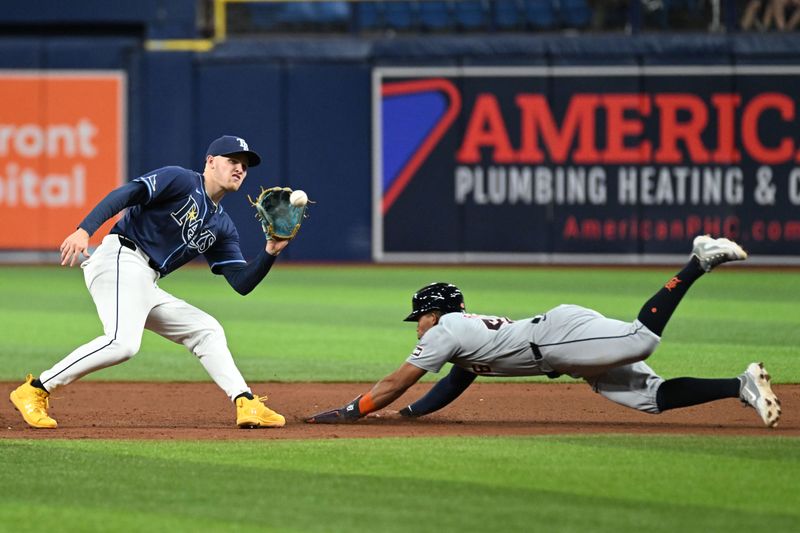 Apr 23, 2024; St. Petersburg, Florida, USA; Tampa Bay Rays second baseman Curtis Mead (25) waits for the ball as Detroit Tigers right fielder Wenceel Perez (46) slides in the sixth inning at Tropicana Field. Mandatory Credit: Jonathan Dyer-USA TODAY Sports