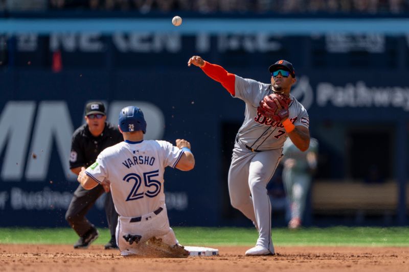 Jul 20, 2024; Toronto, Ontario, CAN; Detroit Tigers second base Andy Ibáñez (77) turns a double play against Toronto Blue Jays outfielder Daulton Varsho (25) during the second inning at Rogers Centre. Mandatory Credit: Kevin Sousa-USA TODAY Sports