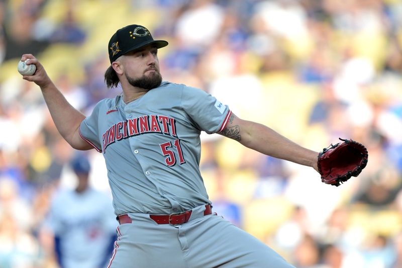 May 18, 2024; Los Angeles, California, USA;  Cincinnati Reds starting pitcher Graham Ashcraft (51) delivers to the plate in the first inning against the Los Angeles Dodgers at Dodger Stadium. Mandatory Credit: Jayne Kamin-Oncea-USA TODAY Sports