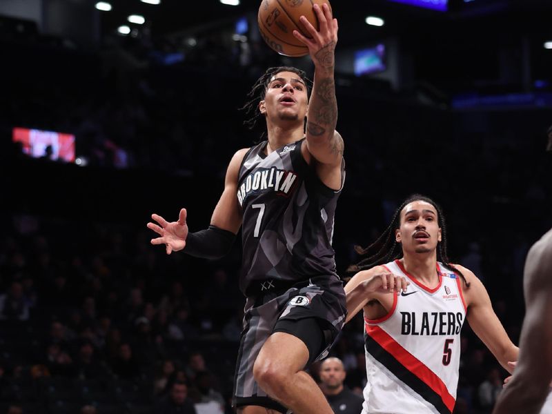 BROOKLYN, NY - FEBRUARY 28:  Killian Hayes #7 of the Brooklyn Nets drives to the basket during the game against the Portland Trail Blazers on February 28, 2025 at Barclays Center in Brooklyn, New York. NOTE TO USER: User expressly acknowledges and agrees that, by downloading and or using this Photograph, user is consenting to the terms and conditions of the Getty Images License Agreement. Mandatory Copyright Notice: Copyright 2025 NBAE (Photo by Brandon Todd/NBAE via Getty Images)