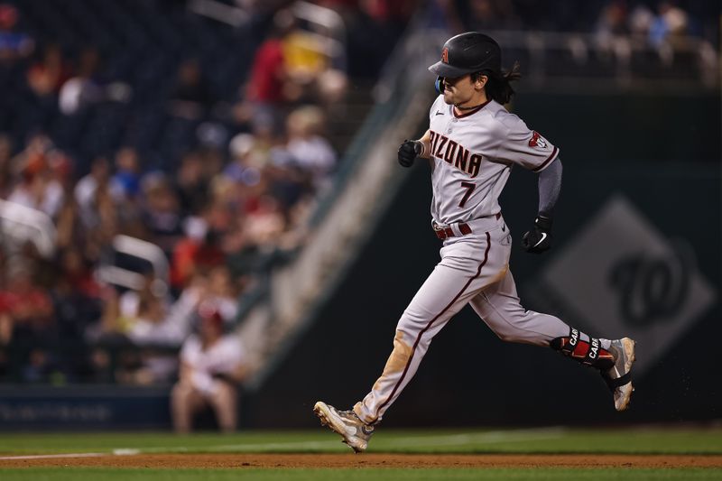 Jun 7, 2023; Washington, District of Columbia, USA; Arizona Diamondbacks left fielder Corbin Carroll (7) rounds the bases after hitting a two run home run against the Washington Nationals during the ninth inning at Nationals Park. Mandatory Credit: Scott Taetsch-USA TODAY Sports