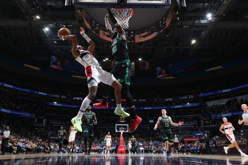 WASHINGTON, DC -? OCTOBER 24: Jordan Poole #13 of the Washington Wizards drives to the basket during the game against the Boston Celtics on October 24, 2024 at Capital One Arena in Washington, DC. NOTE TO USER: User expressly acknowledges and agrees that, by downloading and or using this Photograph, user is consenting to the terms and conditions of the Getty Images License Agreement. Mandatory Copyright Notice: Copyright 2024 NBAE (Photo by Stephen Gosling/NBAE via Getty Images)