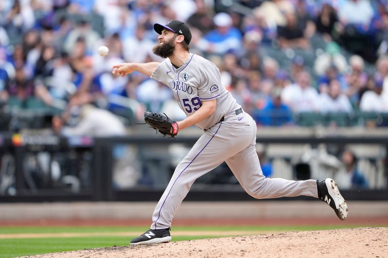 Jun 1, 2025; New York City, New York, USA; Colorado Rockies pitcher Jake Bird (59) delivers a pitch against the New York Mets during the sixth inning at Citi Field. Mandatory Credit: Gregory Fisher-Imagn Images