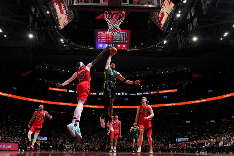 TORONTO, CANADA - JANUARY 15: Jayson Tatum #0 of the Boston Celtics drives to the basket during the game against the Toronto Raptors on January 15, 2025 at the Scotiabank Arena in Toronto, Ontario, Canada.  NOTE TO USER: User expressly acknowledges and agrees that, by downloading and or using this Photograph, user is consenting to the terms and conditions of the Getty Images License Agreement.  Mandatory Copyright Notice: Copyright 2025 NBAE (Photo by Mark Blinch/NBAE via Getty Images)