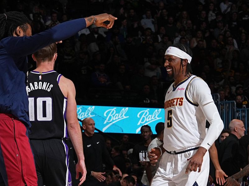 DENVER, CO - FEBRUARY 28: Kentavious Caldwell-Pope #5 of the Denver Nuggets smiles during the game against the Sacramento Kings on February 28, 2024 at the Ball Arena in Denver, Colorado. NOTE TO USER: User expressly acknowledges and agrees that, by downloading and/or using this Photograph, user is consenting to the terms and conditions of the Getty Images License Agreement. Mandatory Copyright Notice: Copyright 2024 NBAE (Photo by Garrett Ellwood/NBAE via Getty Images)