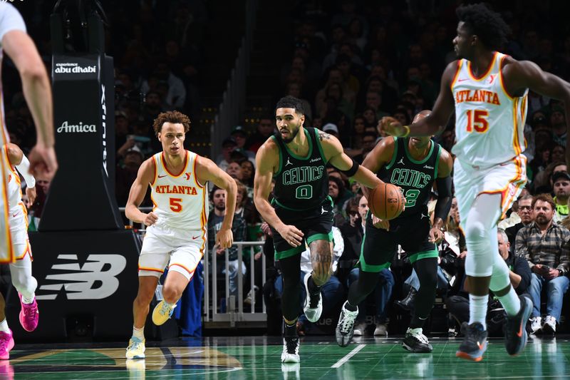 BOSTON, MA - NOVEMBER 12: Jayson Tatum #0 of the Boston Celtics dribbles the ball during the game against the Atlanta Hawks during the Emirates NBA Cup game on November 12, 2024 at TD Garden in Boston, Massachusetts. NOTE TO USER: User expressly acknowledges and agrees that, by downloading and/or using this Photograph, user is consenting to the terms and conditions of the Getty Images License Agreement. Mandatory Copyright Notice: Copyright 2024 NBAE (Photo by Brian Babineau/NBAE via Getty Images)