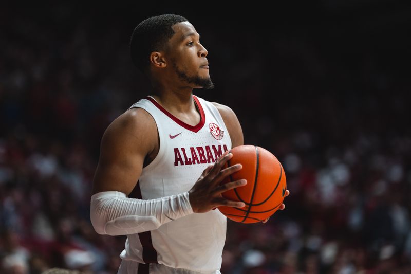 Feb 25, 2025; Tuscaloosa, Alabama, USA; Mississippi State Bulldogs guard Harrison Alexander (8) looks to pass against the Mississippi State Bulldogs during the second half at Coleman Coliseum. Mandatory Credit: Will McLelland-Imagn Images