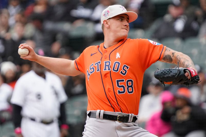 May 14, 2023; Chicago, Illinois, USA; Houston Astros starting pitcher Hunter Brown (58) throws the ball against the Chicago White Sox during the first inning at Guaranteed Rate Field. Mandatory Credit: David Banks-USA TODAY Sports