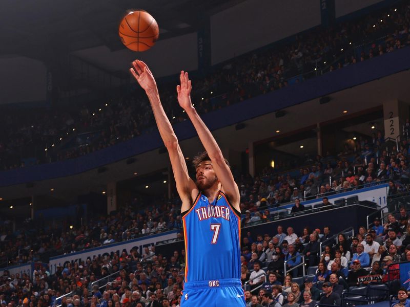 OKLAHOMA CITY, OK - JANUARY 29: Chet Holmgren #7 of the Oklahoma City Thunder shoots the ball during the game against the Minnesota Timberwolves on January 29, 2024 at Paycom Arena in Oklahoma City, Oklahoma. NOTE TO USER: User expressly acknowledges and agrees that, by downloading and or using this photograph, User is consenting to the terms and conditions of the Getty Images License Agreement. Mandatory Copyright Notice: Copyright 2024 NBAE (Photo by Zach Beeker/NBAE via Getty Images)