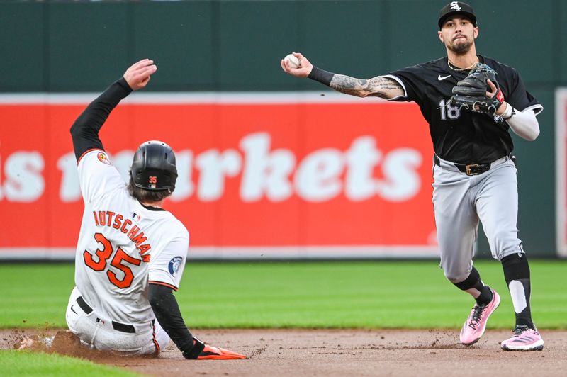 Sep 4, 2024; Baltimore, Maryland, USA; Chicago White Sox shortstop Jacob Amaya (18)  throws to first base after the force our of  Baltimore Orioles designated hitter Adley Rutschman (35)  to complete a first inning double play Oriole Park at Camden Yards. Mandatory Credit: Tommy Gilligan -Imagn Images