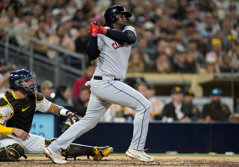 Jun 14, 2023; San Diego, California, USA;  Cleveland Guardians designated hitter Josh Bell (55) hits a single against the San Diego Padres during the seventh inning at Petco Park. Mandatory Credit: Ray Acevedo-USA TODAY Sports