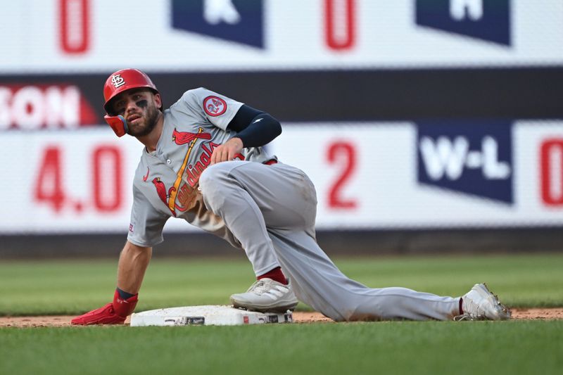 Jul 8, 2024; Washington, District of Columbia, USA; St. Louis Cardinals center fielder Michael Siani (63) takes a break after sliding into second base against the Washington Nationals during the ninth inning at Nationals Park. Mandatory Credit: Rafael Suanes-USA TODAY Sports