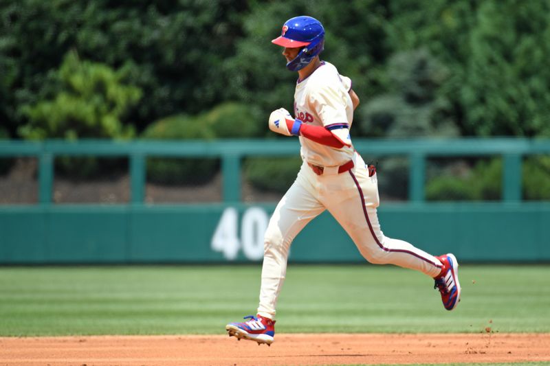 Jul 14, 2024; Philadelphia, Pennsylvania, USA; Philadelphia Phillies shortstop Trea Turner (7) runs the bases after hitting a home run during the first inning against the Oakland Athletics at Citizens Bank Park. Mandatory Credit: Eric Hartline-USA TODAY Sports