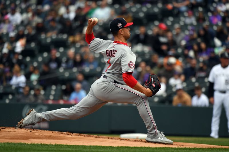 Apr 19, 2025; Denver, Colorado, USA; Washington Nationals pitcher MacKenzie Gore (1) throws during the first inning against the Colorado Rockies at Coors Field. Mandatory Credit: Christopher Hanewinckel-Imagn Images