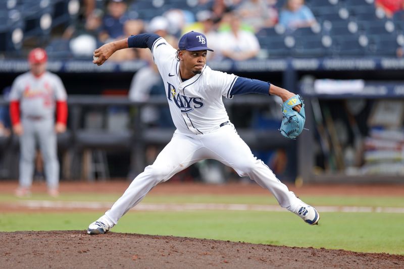 Aug 24, 2025; Tampa, Florida, USA; Tampa Bay Rays pitcher Edwin Uceta (63) throws a pitch against the St. Louis Cardinals in the sixth inning at George M. Steinbrenner Field. Mandatory Credit: Nathan Ray Seebeck-Imagn Images