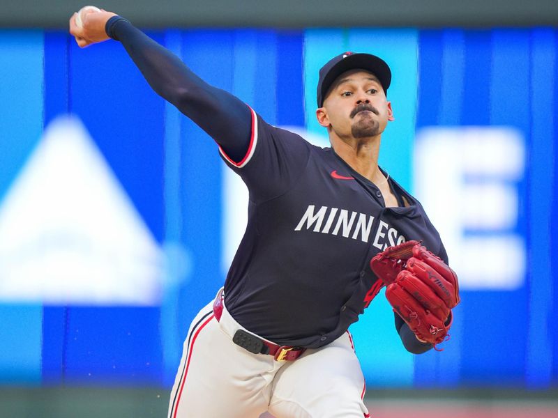 Jun 18, 2024; Minneapolis, Minnesota, USA; Minnesota Twins pitcher Pablo López (49) pitches against the Tampa Bay Rays in the second inning at Target Field. Mandatory Credit: Brad Rempel-USA TODAY Sports