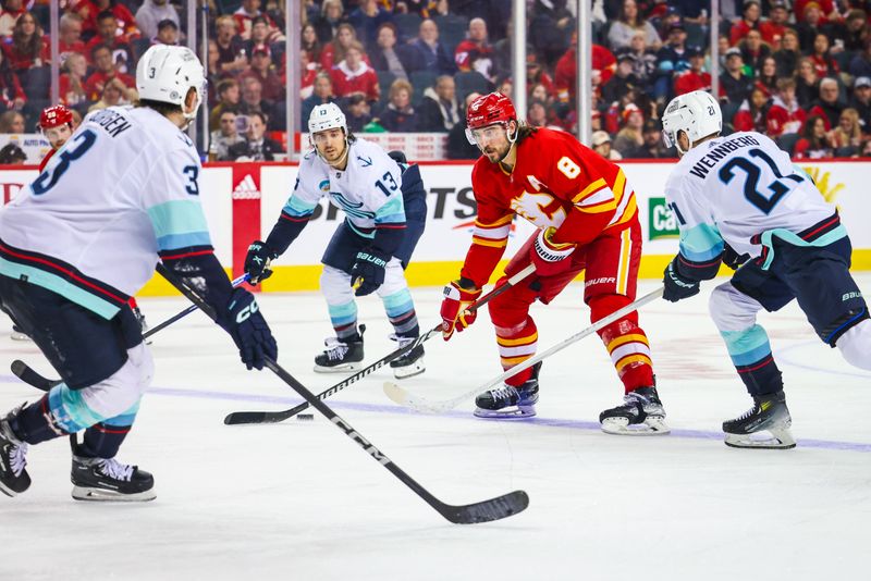 Dec 27, 2023; Calgary, Alberta, CAN; Calgary Flames defenseman Chris Tanev (8) controls the puck against the Seattle Kraken during the second period at Scotiabank Saddledome. Mandatory Credit: Sergei Belski-USA TODAY Sports