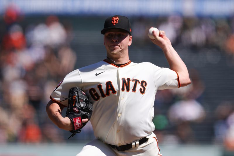 Sep 13, 2023; San Francisco, California, USA; San Francisco Giants starting pitcher Kyle Harrison (45) throws a pitch during the first inning against the Cleveland Guardians at Oracle Park. Mandatory Credit: Sergio Estrada-USA TODAY Sports