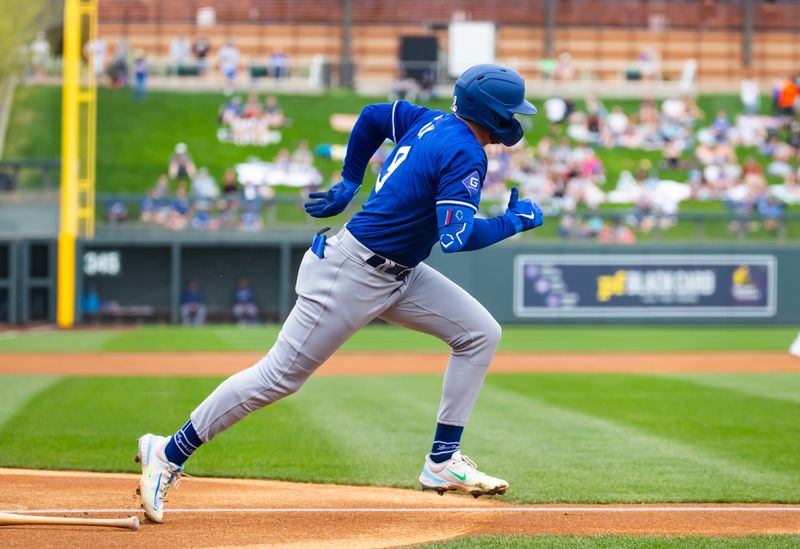 Feb 26, 2024; Salt River Pima-Maricopa, Arizona, USA; Los Angeles Dodgers infielder Gavin Lux against the Colorado Rockies during a spring training game at Salt River Fields at Talking Stick. Mandatory Credit: Mark J. Rebilas-USA TODAY Sports